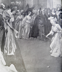 The procession of guests bowing to the Prince and Princess of Wales, as drawn by W. Hatherell and J. Gulich for The Graphic, 10 July 1897